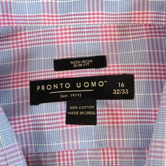 Pronto Uomo Slim Fit Non-Iron Pink Blue Plaid Dress Shirt 16 32/33 - Picture 3 of 12